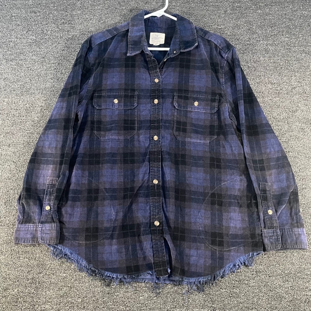 American Eagle Corduroy Shirt Womens L Blue Good Plaid Frayed Oversized Fit